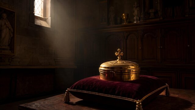 pyx. A solitary golden pyx on a cushion in a dim, ancient sacristy. event programs, museum guides, designed for cultural heritage projects and event programs, preserves heritage.