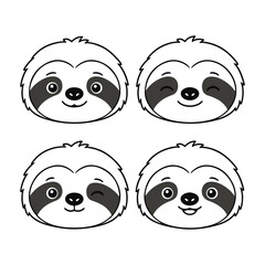 Fototapeta premium Sloth face set. Set of cute animal doodle emotions on a white background.