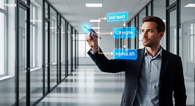 A businessman using a pen to draw a workflow diagram on a holographic screen, representing AI and machine learning in technology and business.