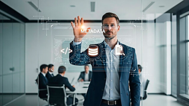 Man touching a holographic display in a modern office with a team in the background, illustrating data management and technology integration.