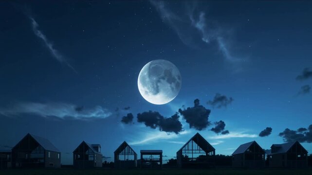 A bright full moon shining in a starry night sky above a row of modern minimalist modular cabins with passing dark clouds, captured in a static shot.