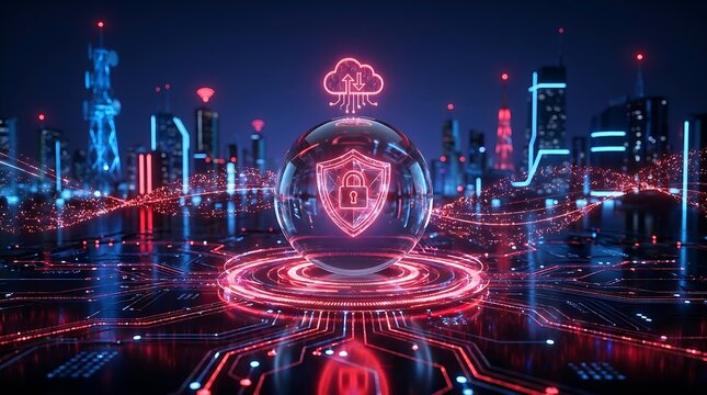 Futuristic digital sphere containing security shield and padlock hovering above smart city representing urban cyber protection and cloud data privacy