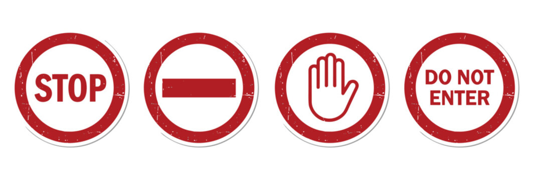 Set of Prohibition Signs: A collection of red and white traffic signs indicating restrictions and prohibitions. road warning, traffic control, no entry.