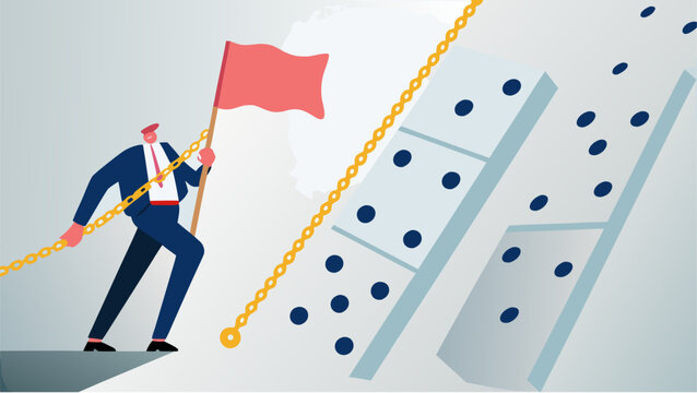 Business professional holding a red flag stops falling dominoes with a golden chain to prevent a corporate crisis in a conceptual illustration for risk management