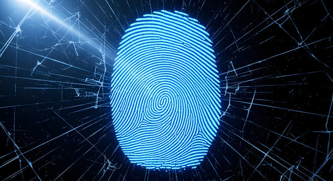 A glowing blue fingerprint is scanned on a dark background with cracks