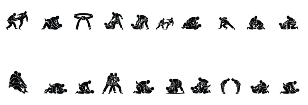 Brazilian Jiu Jitsu BJJ Grappling Silhouette Icons Collection with Ground Fighting Submissions Guard Positions Throws Belt and Martial Arts Techniques Vector Set