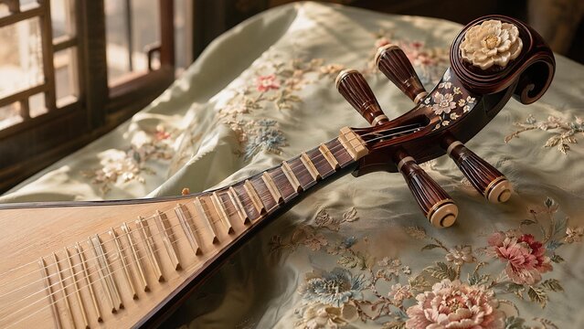 pipa. Exquisite pipa lute resting on embroidered silk fabric with curved headstock. event programs, museum guides, designed for cultural heritage projects and event programs, preserves heritage.
