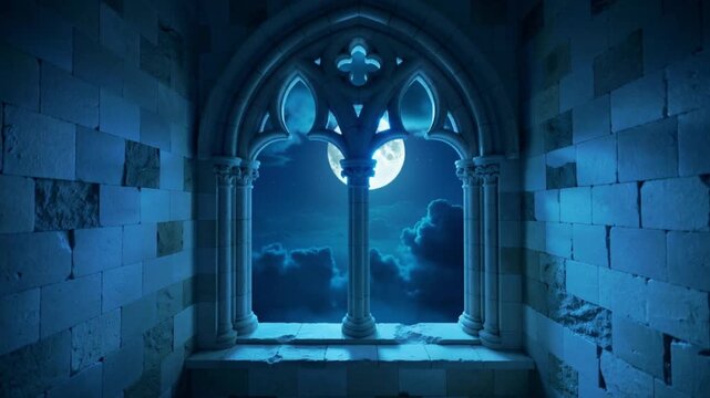 A bright full moon shining through a gothic stone arch window of an ancient medieval castle at night, captured in a slow dolly shot.