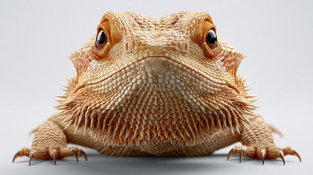 Ein Bartagame schaut frontal in die Kamera und f&uuml;llt das Bild mit seiner strukturierten, orangebraunen Schuppenhaut aus.