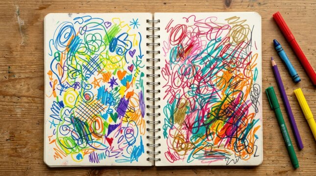 Open sketchbook with colorful scribbles and messy drawings by child. Scribble art on paper pages for International Childrens Day. Creative expression and education at school activity.