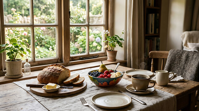 Rustic breakfast spread with fresh bread, fruit, and coffee by a sunlit window overlooking a lush garden.