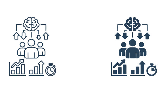Strategic business growth and data analysis team performance metrics with human brain icon and clock symbol for productivity and project management