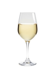 Fototapeta premium High‑quality isolated glass of white wine on a clean transparent background, sharp edges and realistic reflections for easy compositing and product design use.