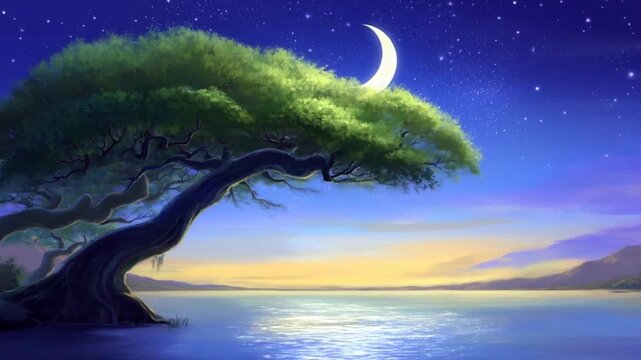 Moonlit Night: a serene night scene with a crescent moon shining brightly in the sky, symbolizing the significance of moon worship during Teej