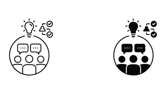 Team brainstorming discussion with lightbulb idea and task checklist icons for project management and collaborative meeting concepts