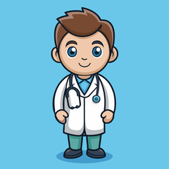 Fototapeta premium Cute cartoon doctor with stethoscope wearing white coat on blue background