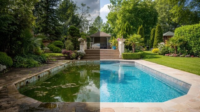 A split-screen comparison showing a dirty, neglected swimming pool compared to a beautifully restored, clean, and inviting luxury garden pool.