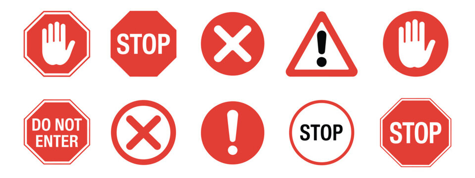 Red prohibition signs, traffic warning symbols, stop do not enter icons, exclamation mark alert graphics, road safety restriction vector illustration.