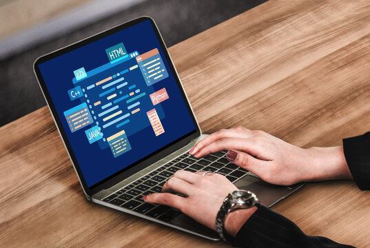 Software development or programming work with coding screen of various programming languages like HTML, and C brisk for new application development