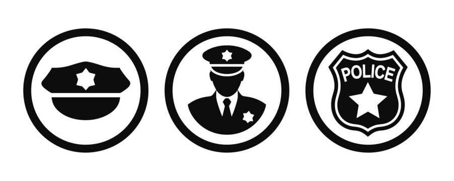 Police Symbol Set: Icons representing law enforcement. police badge, police hat, police officer silhouette, law, justice, security.