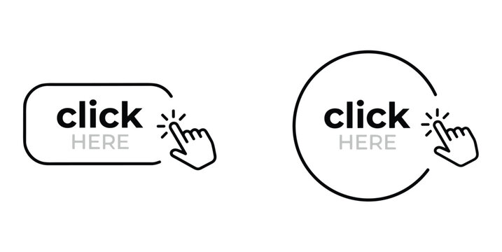 Click Here Button Icons: A set of two simple line icons, a rounded rectangle and a circle, both featuring a finger cursor pointing to the word 'click here'. website navigation, call to action.