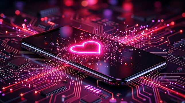Glowing pink heart symbol on a mobile phone screen with radiating energy lines on a circuit board representing internet dating
