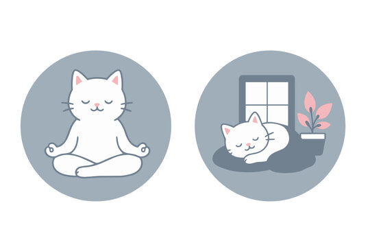 Cat badge graphics for meditation and self care as vector illustrations 