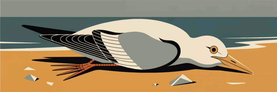 Dead seabird on polluted beach, flat minimal seagull illustration highlighting ocean pollution, climate crisis and environmental tragedy
