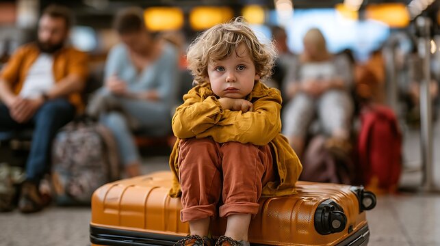 Young boy sitting suitcase waiting for travel