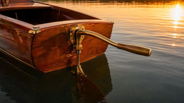 tiller. A small wooden boat's stern with a bronze tiller handle in calm golden hour light. mobility guides, transit brochures, designed for mobility and urban transit guides.