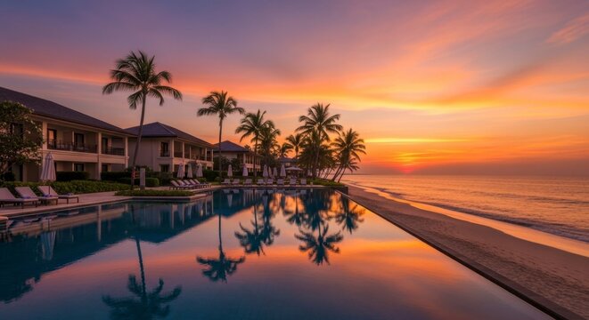 Infinity swimming pool at a luxury tropical resort beach during a vibrant orange and purple sunset