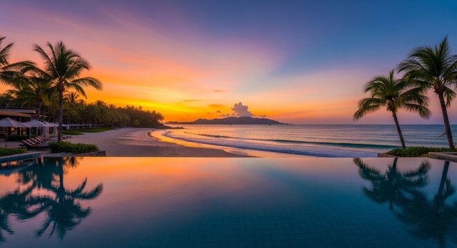 Luxury Infinity Pool Overlooking Tropical Beach at Sunset with Palm Tree Reflections in Calm Water