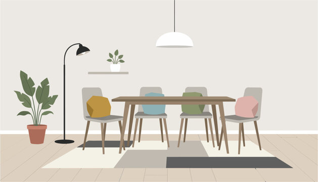 Modern dining room with a long wooden table four chairs with colorful cushions and plants during daytime