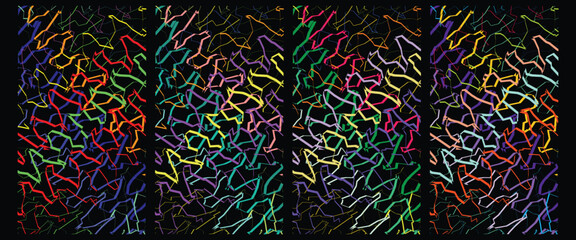 Abstract neon scribble pattern on black background, vibrant colorful tangled line art vector, chaotic rainbow doodle texture for modern design © Faruk