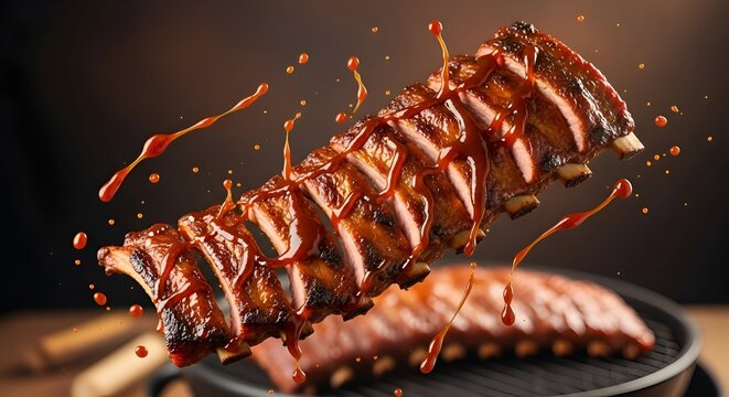 Mouthwatering BBQ ribs with tangy sauce in mid-air, a culinary delight perfect for food blogs and restaurants, craving inducing close-up shot