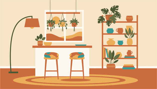 Cozy apartment interior with hanging plants and bar stools during sunset