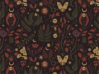 Obraz premium Mystic gothic floral pattern with skulls, moths and occult botanical elements on dark background for Halloween seamless design