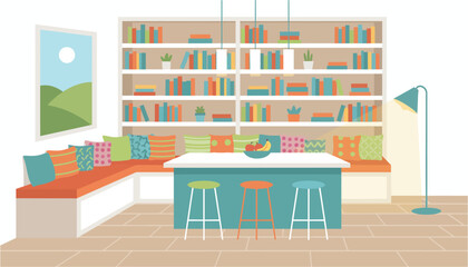 Cozy reading nook with built-in bookshelves and island seating in bright natural light © AKTER STOCK