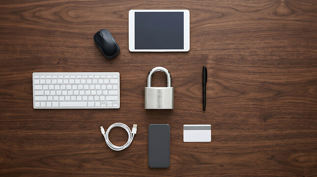 Silver padlock with digital devices on wooden surface for cyber security concept