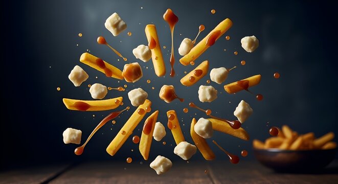 Delicious poutine ingredients flying in the air with gravy drizzle, perfect for foodies and Canadian cuisine lovers to promote comfort food recipes