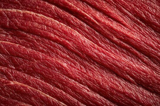 Close-up macro texture of raw red beef muscle fibers, showcasing intricate details and vibrant color.