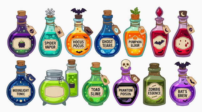 Collection of Halloween potion bottles with spooky labels and vibrant colors, perfect for themed decorations or graphic designs Isolated on white background