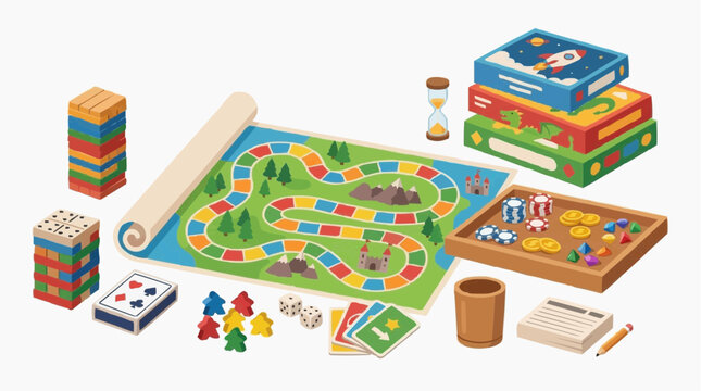 Collection of board game pieces and elements, including a game board, dice, playing cards, game pawns, stacking blocks, and a timer, set against a white background Isolated.