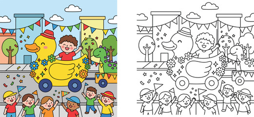 Fototapeta premium Kids parade coloring page and colored version with giant rubber duck float, cute children, and dinosaur cartoon vector illustration for activity book