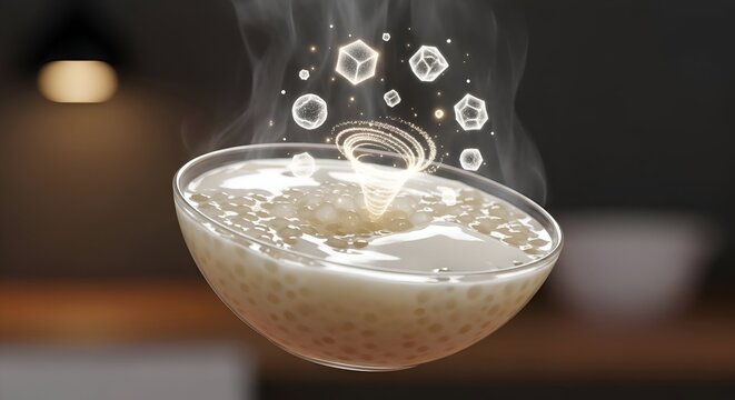 Delicious tapioca pudding with glowing magical sugar crystals swirling in the air, a sweet treat for dessert lovers and food bloggers seeking unique content