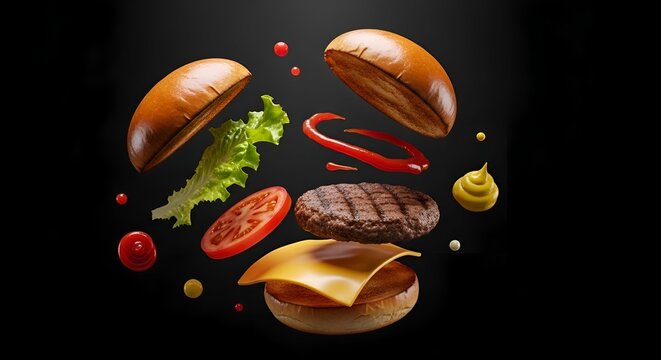 Delicious burger components floating, a culinary explosion of flavors, mouthwatering food art for restaurants, creative cooking concepts, and vibrant advertising