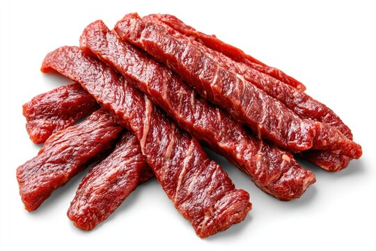 Close-up view of a pile of raw beef jerky strips on a white background, showcasing texture.