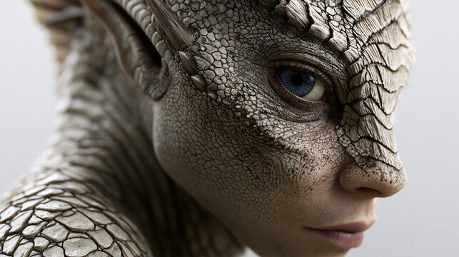 Eine humanoide Figur mit schuppiger, reptilienartiger Haut und intensivem Blick blickt direkt in die Kamera.