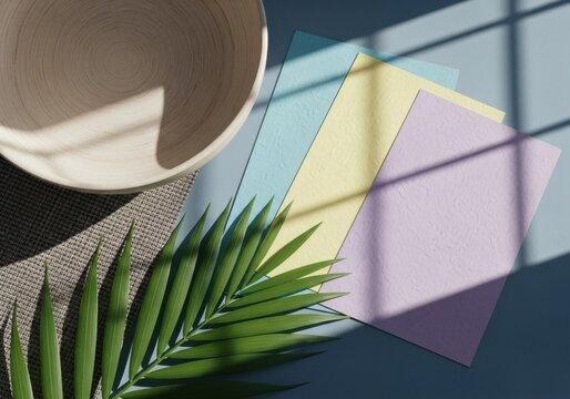 Pastel Paper Sheets with Wooden Bowl and Palm Leaf on Desk, Minimalist Branding Mockup with Window Shadows for Stationery or Spa