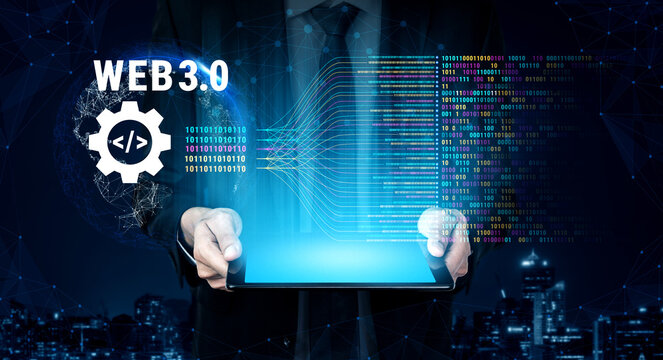 The concept of Web 3.0 development and decentralized data processing. The flow of binary code and information in the next generation internet. Motif